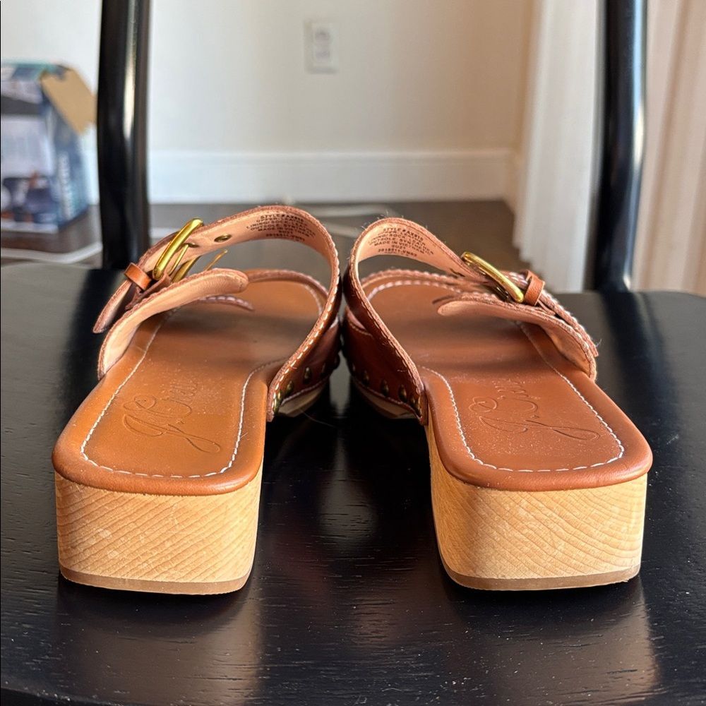 J. Crew platform buckle leather Stylish Tan brown Women clog Sandals sz 7.5 GUC! - Picture 7 of 12
